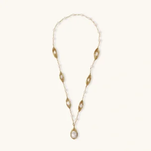 14K gold plated necklace with organic leaf motifs and freshwater pearls arranged in an elegant chain design on neutral background.