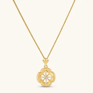 Gold-plated flower pendant necklace with brushed finish, open-work center, marquise CZ stones on wheat chain, S925 stamp.