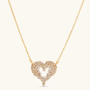 18K gold-plated 925 silver open heart pendant necklace with scattered cubic zirconia stones on a fine cable chain.