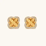 Gold-plated 925 silver clover stud earrings with brushed braid center and CZ stone border, 12mm, push-back closure.