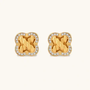 Gold-plated 925 silver clover stud earrings with brushed braid center and CZ stone border, 12mm, push-back closure.
