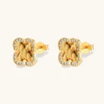 Gold-plated 925 silver clover stud earrings with brushed braid center and CZ stone border, 12mm, push-back closure.