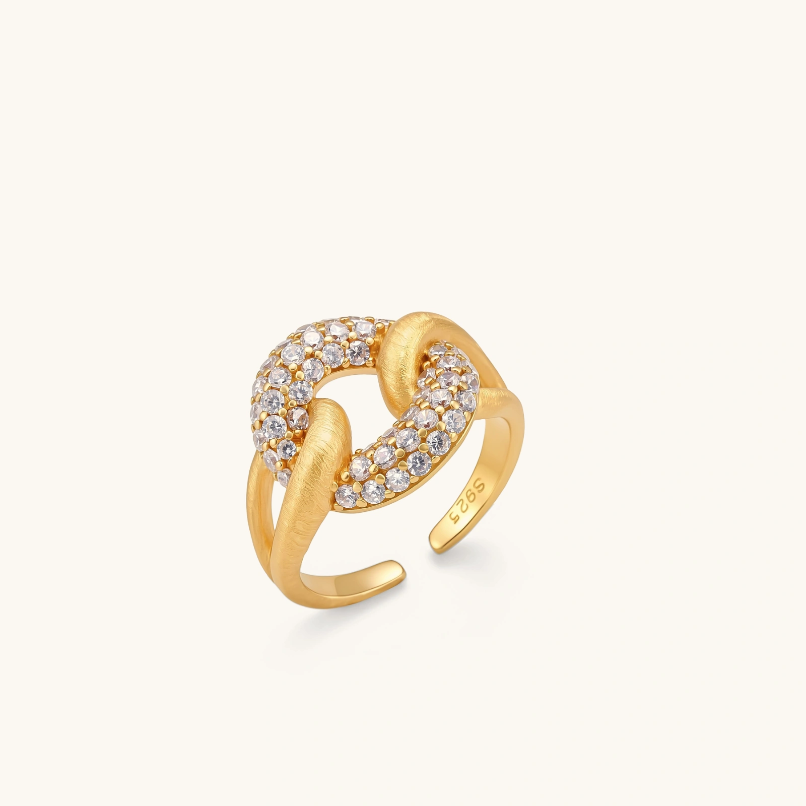 313699956518219776.webp Adjustable 18K gold-plated open cuff ring with interlocking chain links, one brushed gold, one pavé-set cubic zirconia. S925 stamped.