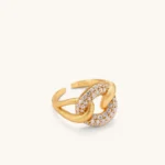Adjustable 18K gold-plated open cuff ring with interlocking chain links, one brushed gold, one pavé-set cubic zirconia. S925 stamped.