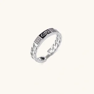 Two adjustable white gold plated rings with chain-link bands, featuring cubic zirconia halo and enamel details