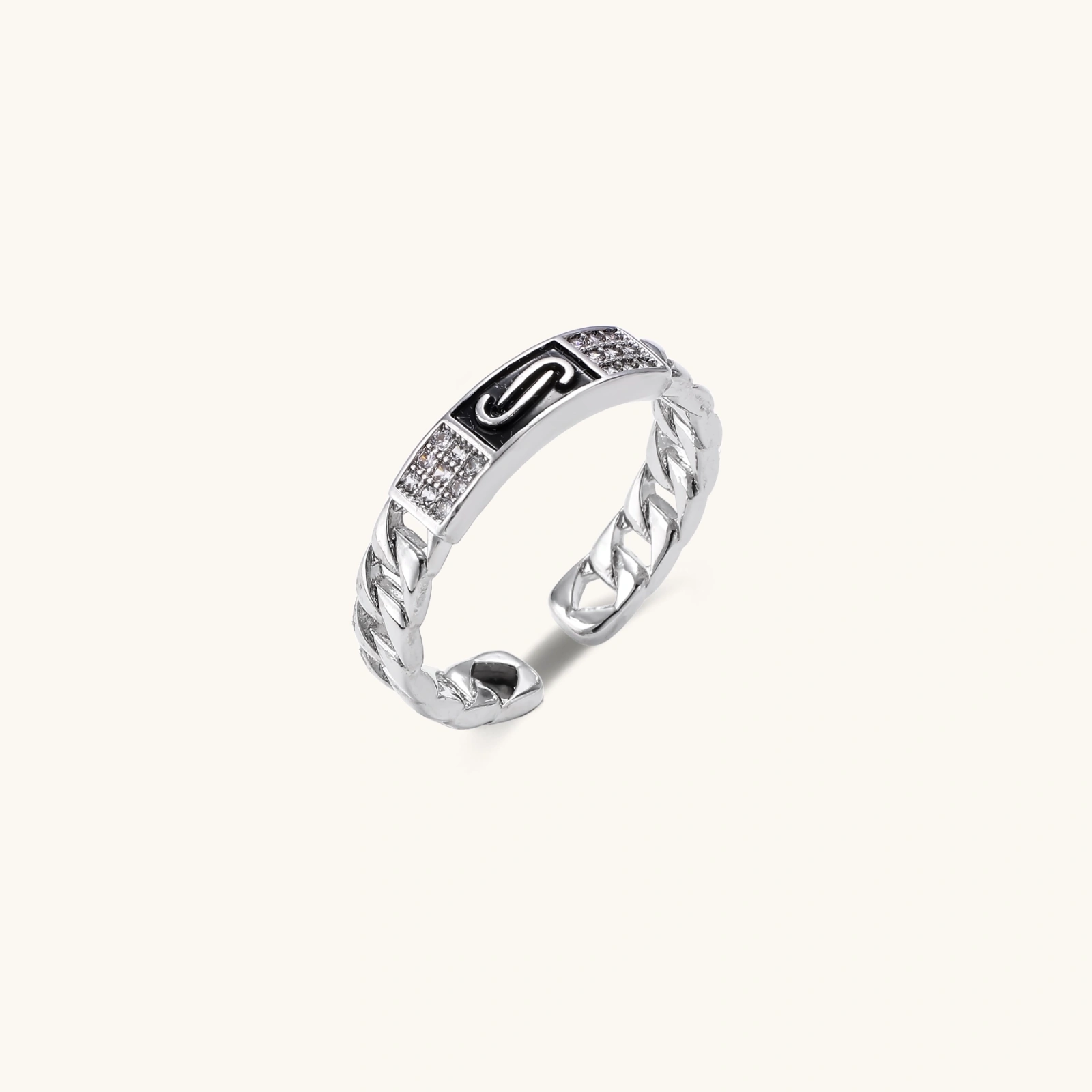 Two adjustable white gold plated rings with chain-link bands, featuring cubic zirconia halo and enamel details